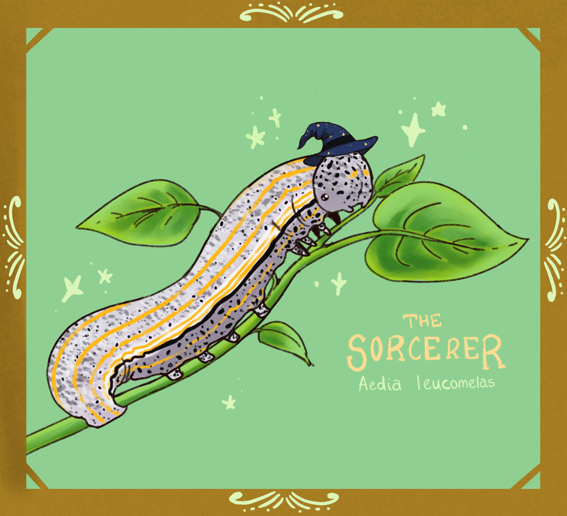 A digital artwork of a caterpillar wearing a wizard hat. They are The Sorcerer.